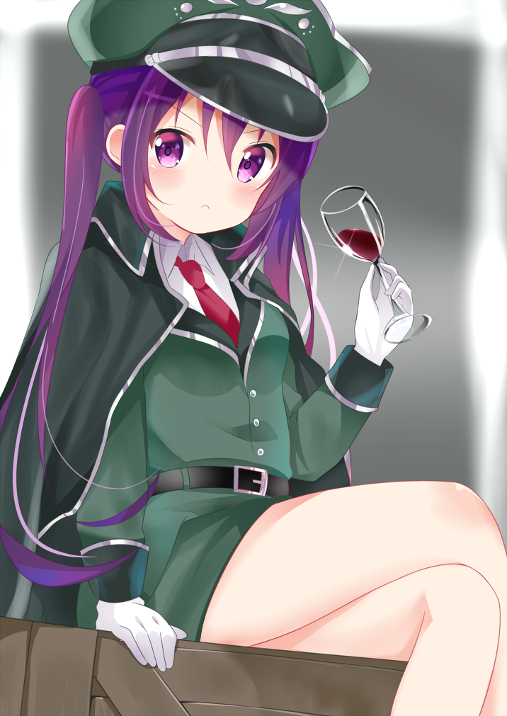 &gt;:c 1girl bangs blurry blurry_background blush cloak closed_mouth collared_shirt crate cup drinking_glass gloves gochuumon_wa_usagi_desu_ka? hair_between_eyes hat holding holding_cup holding_glass legs_crossed long_hair long_sleeves looking_at_viewer military military_hat military_uniform nagomi_yayado necktie peaked_cap purple_hair red_necktie shirt sitting solo tedeza_rize thighs twintails uniform violet_eyes white_gloves white_shirt wine_glass