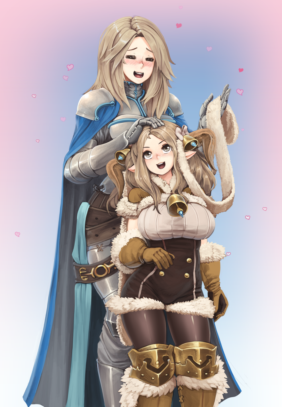 2girls :3 :d =_= armor barbariank bell blush breasts brown_hair cape catalina_(granblue_fantasy) closed_eyes commentary daetta_(granblue_fantasy) doraf fur-trimmed_gloves fur_trim gauntlets gloves granblue_fantasy greaves hair_bell hair_ornament heart height_difference highres horns large_breasts long_hair multiple_girls open_mouth pauldrons petting pointy_ears revision smile underbust