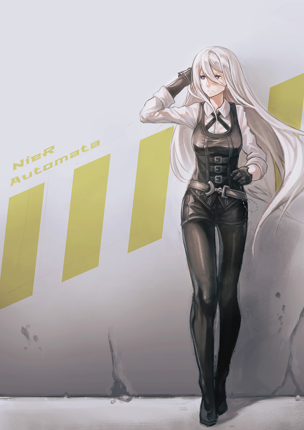 1girl a-er_(akkij0358) beltskirt black_eyes black_gloves black_legwear black_shorts black_vest closed_mouth collared_shirt copyright_name full_body gloves hair_between_eyes highres long_hair long_sleeves looking_away mole mole_under_mouth nier_(series) nier_automata pantyhose shirt shorts silver_hair solo standing very_long_hair vest white_shirt yorha_type_a_no._2