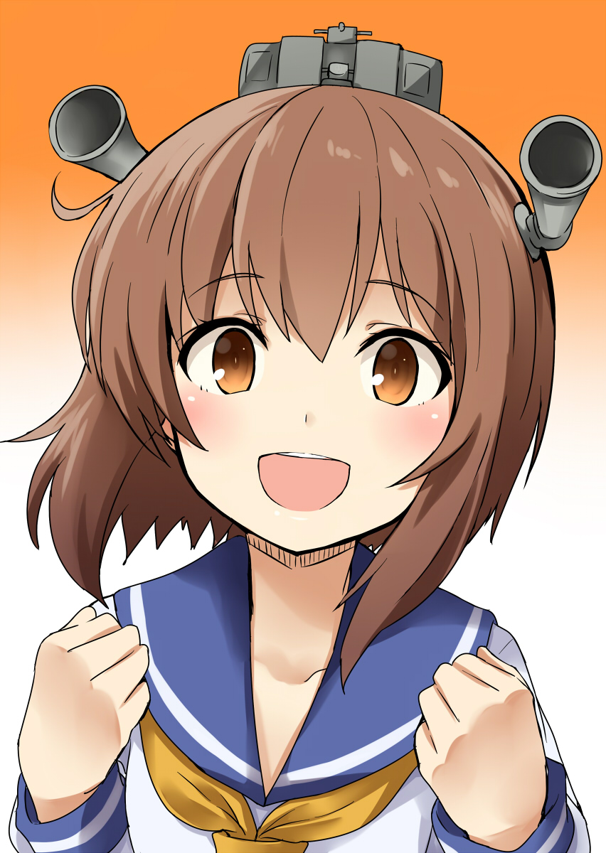 1girl :d brown_eyes brown_hair clenched_hands gradient gradient_background headset highres kamelie kantai_collection long_sleeves neckerchief open_mouth orange_background sailor_collar school_uniform serafuku short_hair smile solo teeth yellow_neckerchief yukikaze_(kantai_collection)