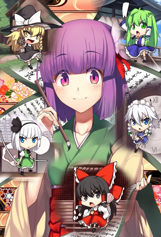 &gt;:o 6+girls :o bangs blunt_bangs blush bow braid calligraphy_brush chibi detached_sleeves eyebrows_visible_through_hair flower frog_hair_ornament gohei hair_bow hair_flower hair_ornament hair_ribbon hair_tubes hairband hakurei_reimu hat hat_bow hieda_no_akyuu izayoi_sakuya japanese_clothes kaiza_(rider000) katana kimono kirisame_marisa knife kochiya_sanae konpaku_youmu konpaku_youmu_(ghost) long_sleeves looking_at_viewer maid maid_headdress miko mini-hakkero multiple_girls ofuda oonusa paintbrush purple_hair ribbon scroll short_hair smile snake_hair_ornament sword touhou twin_braids upper_body violet_eyes weapon wide_sleeves witch_hat