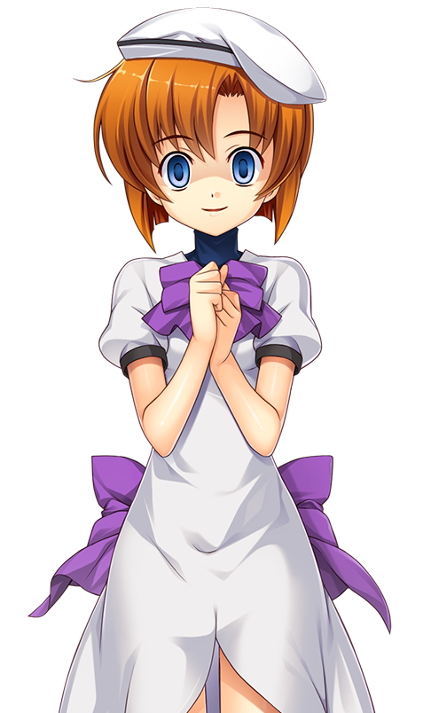 1girl blue_eyes bow brown_hair cowboy_shot dress eyebrows_visible_through_hair hat higurashi_no_naku_koro_ni looking_at_viewer purple_bow rato ryuuguu_rena short_hair short_sleeves smile solo standing transparent_background white_dress white_hat