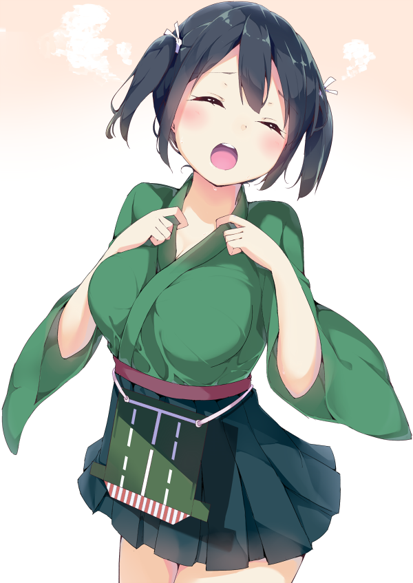 1girl black_ahir black_skirt blush breasts chikuwa. closed_eyes cowboy_shot flight_deck gradient gradient_background green_kimono hair_between_eyes high-waist_skirt japanese_clothes kantai_collection kimono large_breasts open_mouth pleated_skirt sidelocks skirt solo souryuu_(kantai_collection) steam sweat teeth twintails