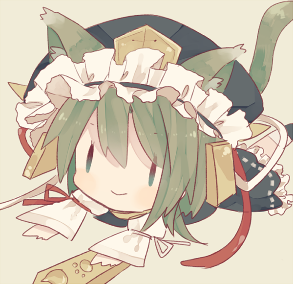 1girl animal_ears bangs black_headwear black_skirt blue_vest blush brown_background cat_ears cat_girl cat_tail chibi closed_mouth commentary_request frilled_hat frilled_skirt frills full_body green_eyes green_hair hat kemonomimi_mode long_sleeves lying nekoniku_(neko_1013) on_stomach paw_print rod_of_remorse shiki_eiki shirt short_hair simple_background skirt smile socks solid_oval_eyes solo tail touhou vest white_legwear white_shirt