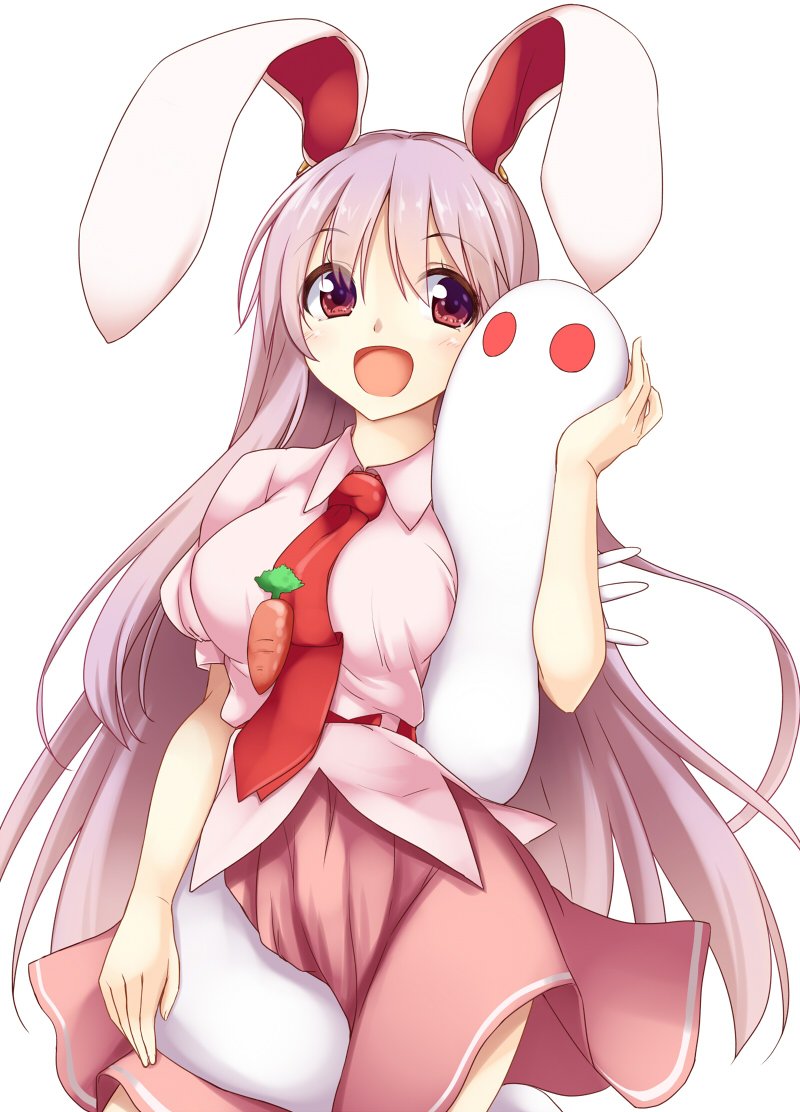 1girl :d animal_ears breasts carrot cowboy_shot hisae_(hisae_collect) kune-kune large_breasts long_hair necktie open_mouth pink_shirt pink_skirt puffy_short_sleeves puffy_sleeves purple_hair rabbit_ears red_eyes red_necktie reisen_udongein_inaba shirt short_sleeves skirt smile touhou urban_legend_in_limbo very_long_hair