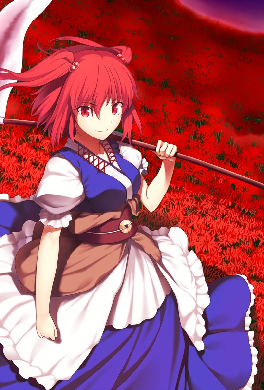&gt;:) 1girl blue_dress breasts dress field flower flower_field hair_bobbles hair_ornament holding holding_weapon japanese_clothes kaiza_(rider000) looking_at_viewer medium_breasts obi onozuka_komachi over_shoulder puffy_short_sleeves puffy_sleeves red_eyes redhead sash scythe short_sleeves smile solo spider_lily touhou two_side_up weapon weapon_over_shoulder