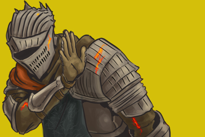 1boy armor dark_souls_iii hand_up helmet meme soul_of_cinder souls_(from_software) yellow_background