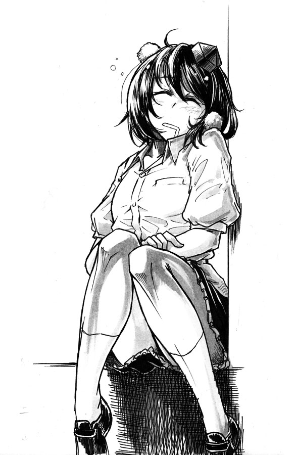 1girl black_hair black_shoes black_skirt closed_eyes collared_shirt drooling hat koyubi_(littlefinger1988) leaning open_mouth pom_pom_(clothes) shameimaru_aya shirt shirt_pocket shoes short_hair short_sleeves sitting skirt sleeping socks tokin_hat touhou white_legwear white_shirt