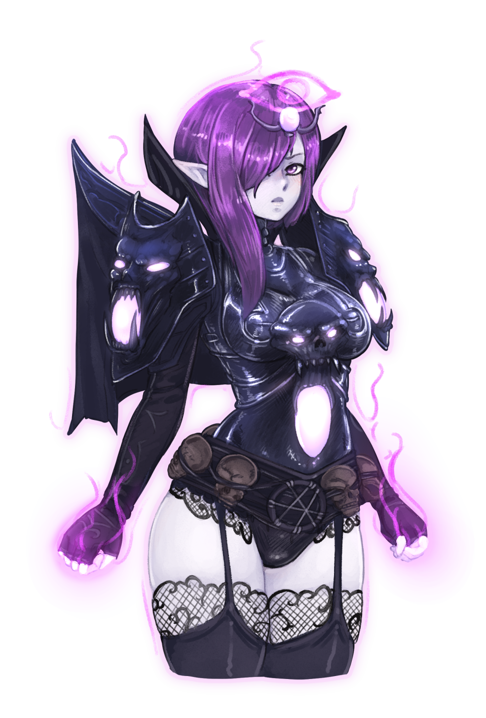 1girl armor asymmetrical_hair aura barbariank black_legwear breastplate cowboy_shot cropped_legs fishnets frown garter_straps glowing_hands hair_over_one_eye high_collar highres long_hair looking_at_viewer original pauldrons pointy_ears purple_hair skull solo thigh-highs transparent_background violet_eyes white_skin