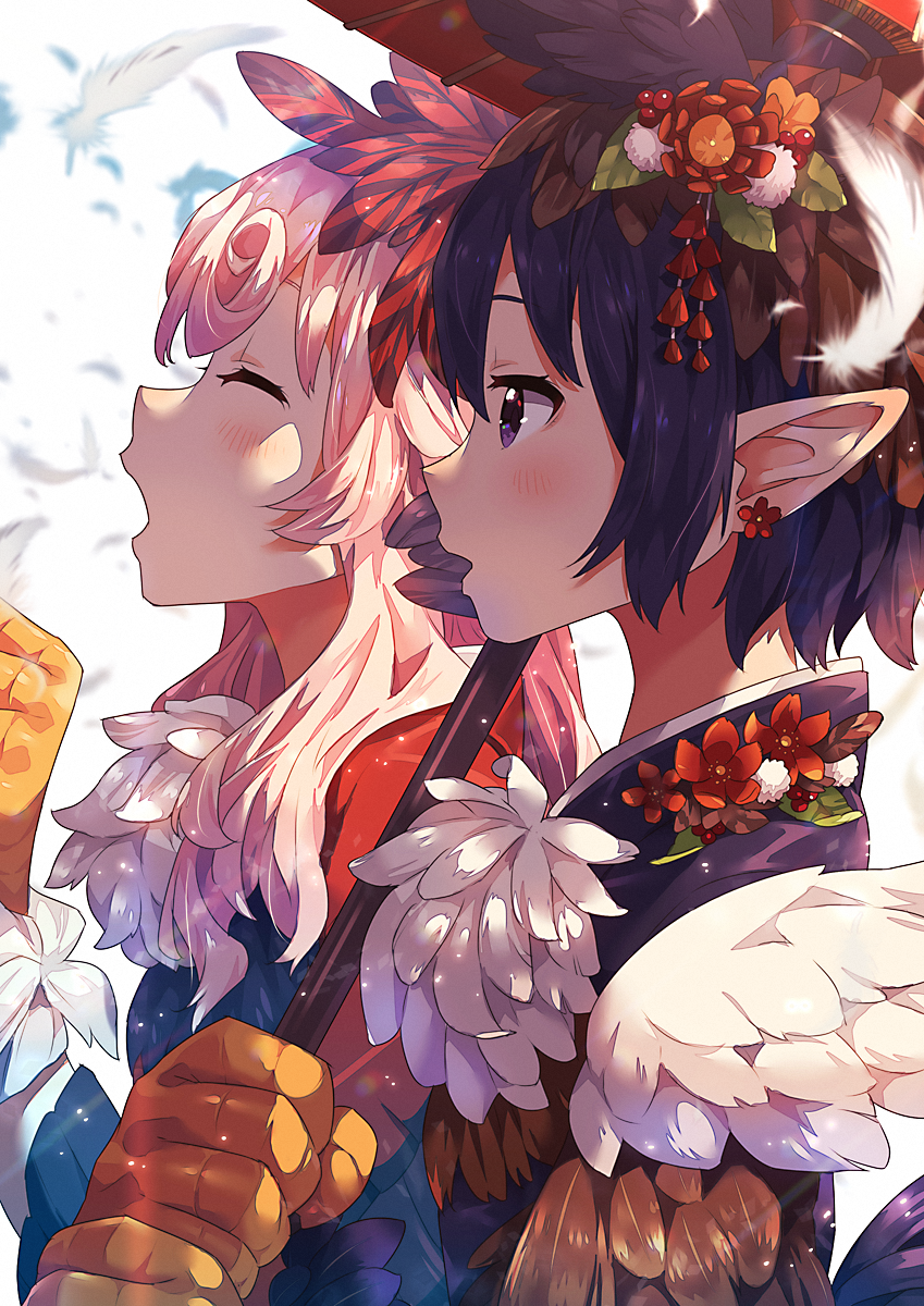 2girls blush closed_eyes earrings feathers flower from_side hair_flower hair_ornament highres japanese_clothes jewelry kanzashi kimono long_hair mano_(narumi_arata) multiple_girls narumi_arata new_year open_mouth original pink_hair pointy_ears recri red_eyes revision upper_body white_background