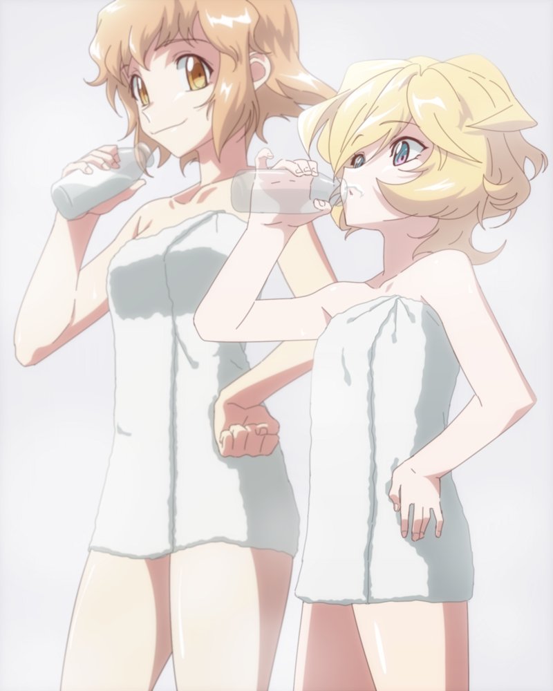 2girls blonde_hair breasts character_request collarbone drinking hand_on_hip medium_breasts mototenn multiple_girls naked_towel senki_zesshou_symphogear short_hair small_breasts tachibana_hibiki_(symphogear) thighs towel yellow_eyes