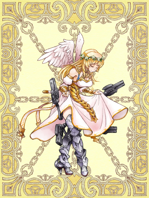 1girl anachronism angel armor armored_boots art_nouveau blonde_hair boots border bracer braid c._bluntnail chains closed_eyes curtsey detached_sleeves dot_triangle filigree gun head_wreath high_heel_boots high_heels kerberos_blade leaning_forward leg_armor legs_crossed long_hair mechanical_arm mechanical_guns official_art skirt_hold solo thigh-highs very_long_hair watson_cross weapon white_wings wings yagi_mutsuki zettai_ryouiki