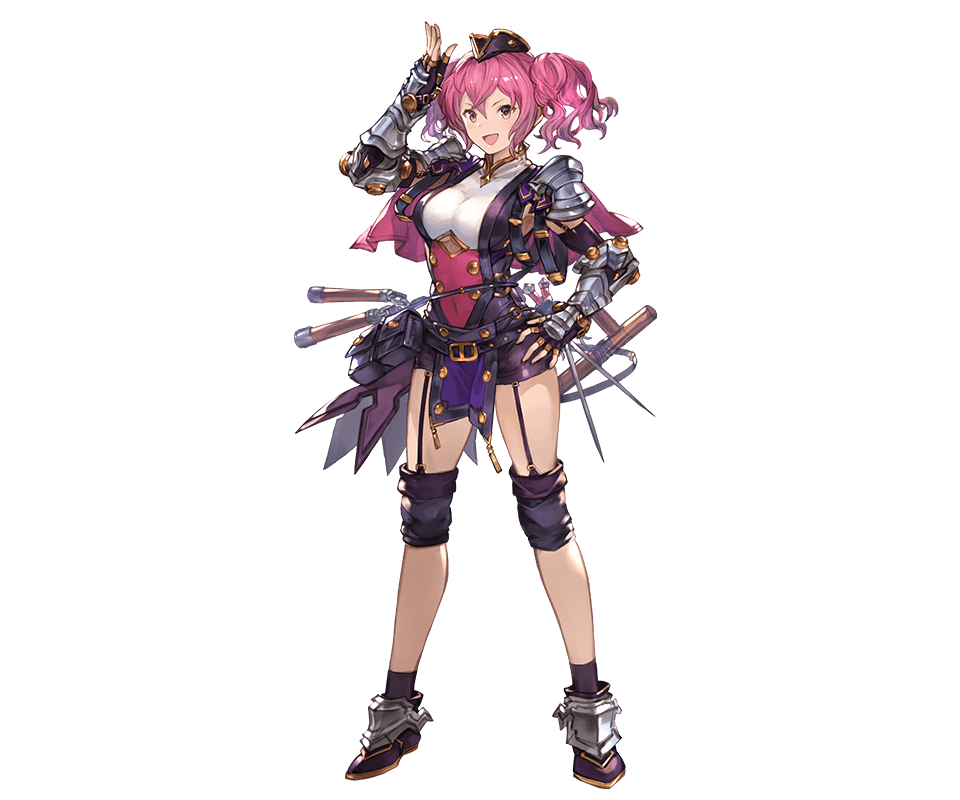 1girl armor bangs belt_pouch breasts brown_hair capelet elbow_gloves fingerless_gloves gloves granblue_fantasy hand_on_hip hat looking_at_viewer medium_breasts meimu_(shingeki_no_bahamut) minaba_hideo official_art open_mouth pelvic_curtain pink_hair shingeki_no_bahamut shoes short short_twintails shoulder_armor smile transparent_background twintails weapon