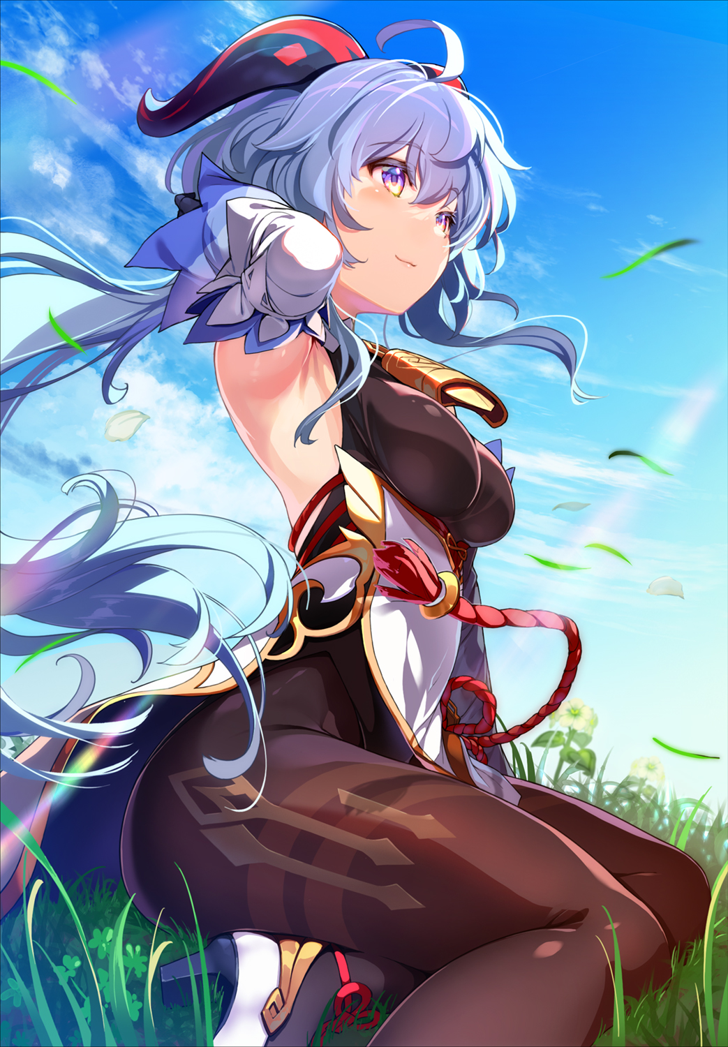 1girl ahoge arm_up armpits bangs bare_shoulders bell black_gloves black_legwear blue_hair blue_sky blush breasts chinese_knot commentary_request detached_sleeves field flower flower_field flower_knot ganyu_(genshin_impact) genshin_impact gloves gold_trim hair_flower hair_ornament high_heels highres horns long_hair looking_at_viewer looking_to_the_side medium_breasts multicolored_eyes neck_bell outdoors petals qingxin_flower sidelocks sitting sky smile solo thighlet very_long_hair vision_(genshin_impact) waist_cape wakaba white_flower white_sleeves wide_sleeves wind