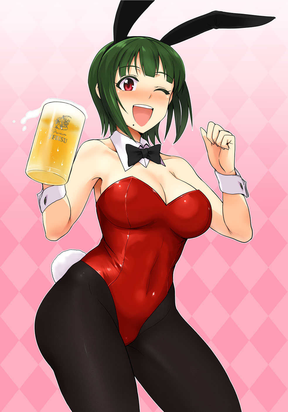 1girl ;d alcohol alternate_costume animal_ears beer blush bow bowtie breasts bunny_tail bunnysuit cleavage cup detached_collar green_hair highres idolmaster large_breasts mole mole_under_mouth mug one_eye_closed open_mouth otonashi_kotori pantyhose rabbit_ears red_eyes revision short_hair smile solo tail tsurui wrist_cuffs