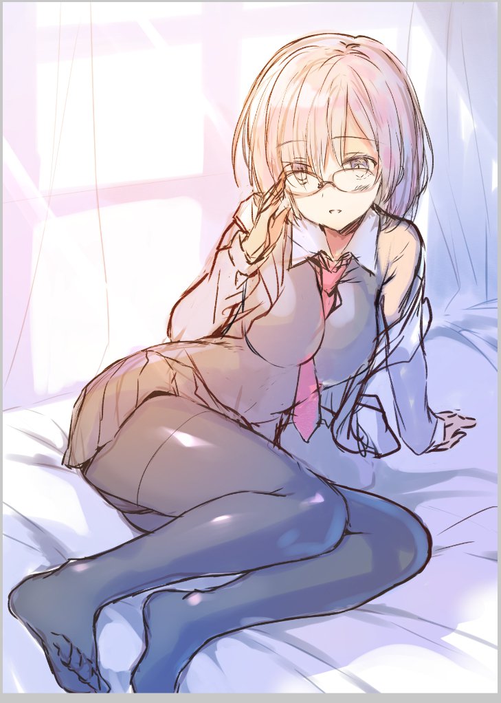 1girl adjusting_glasses arm_support between_breasts blush fate/grand_order fate_(series) glasses grey_background necktie necktie_between_breasts pantyhose purple_hair red_necktie rei_(rei's_room) shielder_(fate/grand_order) sketch skirt solo thighband_pantyhose violet_eyes window