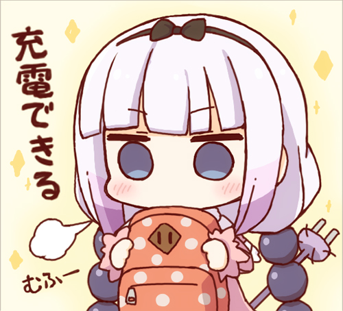 1girl backpack bag bangs beads blue_eyes blunt_bangs blush bow capelet chibi commentary_request dress hair_beads hair_bow hair_ornament hairband holding kanna_kamui kata_meguma kobayashi-san_chi_no_maidragon lavender_hair long_hair lowres o_o solo translation_request twintails you're_doing_it_wrong