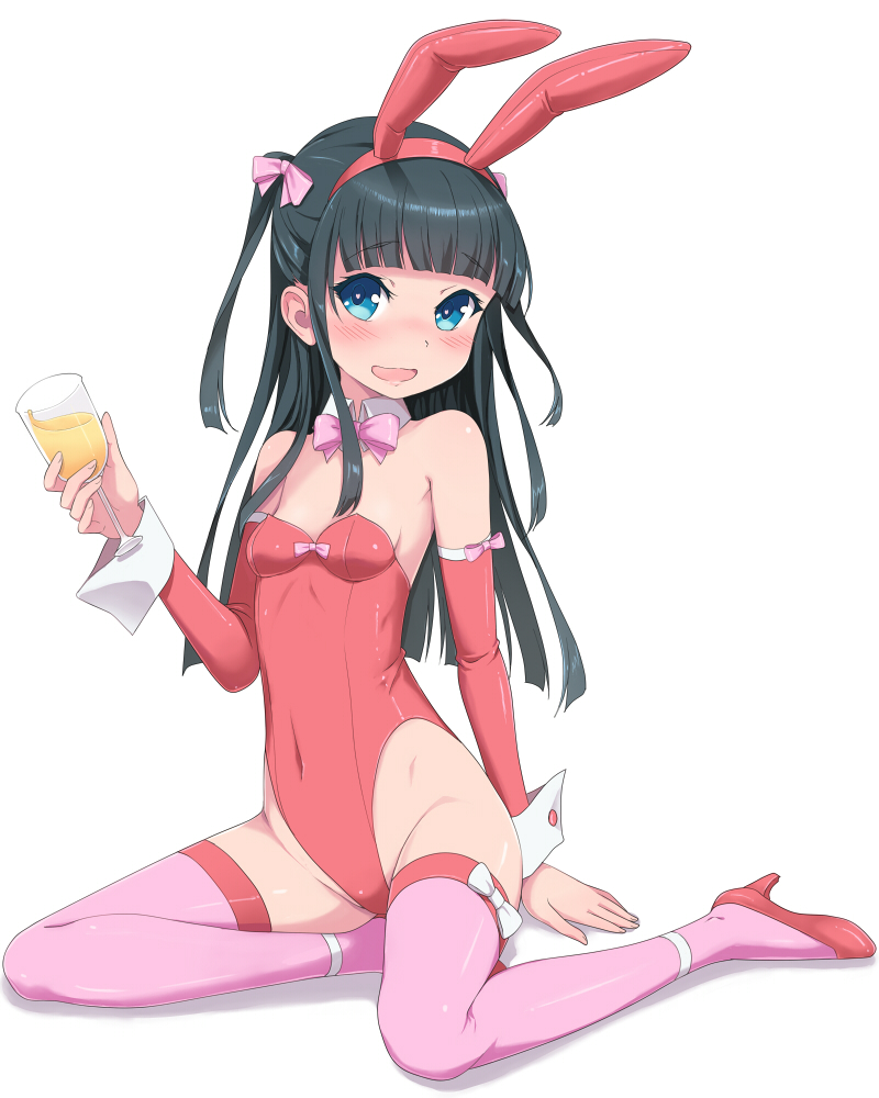 1girl animal_ears bangs black_hair blue_eyes blunt_bangs blush breasts bunny_girl bunnysuit cocktail_glass cup detached_sleeves drinking_glass eyebrows_visible_through_hair fake_animal_ears full_body hair_ribbon high_heels highleg holding holding_cup kimagure_blue leotard long_hair looking_at_viewer open_mouth original pink_legwear pink_ribbon rabbit_ears red_leotard red_shoes revision ribbon shadow shoes simple_background sitting small_breasts smile solo thigh-highs thighs two_side_up wavy_mouth white_background wrist_cuffs yokozuwari
