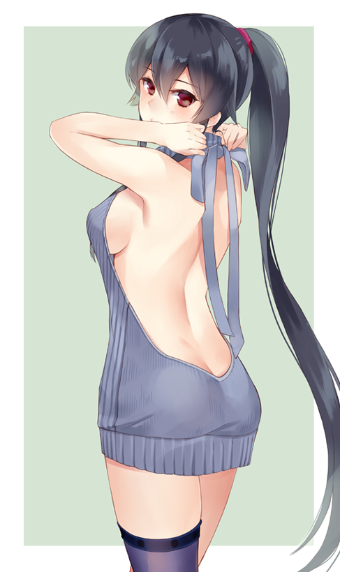 1girl asymmetrical_legwear backless_outfit bare_back black_hair blue_background blush breasts cowboy_shot dress eyebrows_visible_through_hair hair_between_eyes halterneck ichinomiya_(blantte) kantai_collection long_hair looking_at_viewer medium_breasts meme_attire naked_sweater open-back_dress outside_border pink_scrunchie ponytail red_eyes sideboob simple_background single_thighhigh solo sweater sweater_dress thigh-highs very_long_hair virgin_killer_sweater white_border yahagi_(kantai_collection)