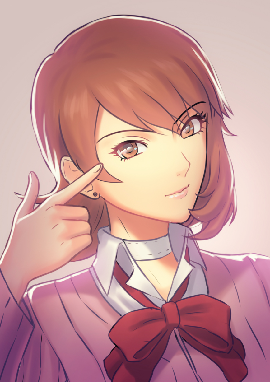 1girl brown_eyes brown_hair choker earrings fateline_alpha grey_background highres jewelry persona persona_3 pointing pointing_at_self short_hair smile solo takeba_yukari