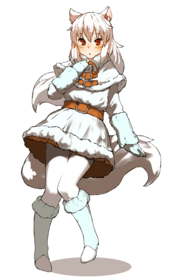 1girl :o adjusting_clothes amonitto animal_ears arctic_fox_(kemono_friends) arm_at_side arm_warmers belt blue_gloves blurry blush brown_belt brown_ribbon capelet dress eyebrows_visible_through_hair eyelashes fox_ears fox_tail full_body fur-trimmed_capelet fur-trimmed_dress fur-trimmed_legwear fur_trim gloves hair_between_eyes kemono_friends kneehighs knees_together_feet_apart leg_lift long_hair long_sleeves looking_at_viewer neck_ribbon open_mouth pantyhose red_eyes ribbon shadow simple_background socks socks_over_pantyhose solo standing standing_on_one_leg tail tsurime white_background white_dress white_hair white_legwear