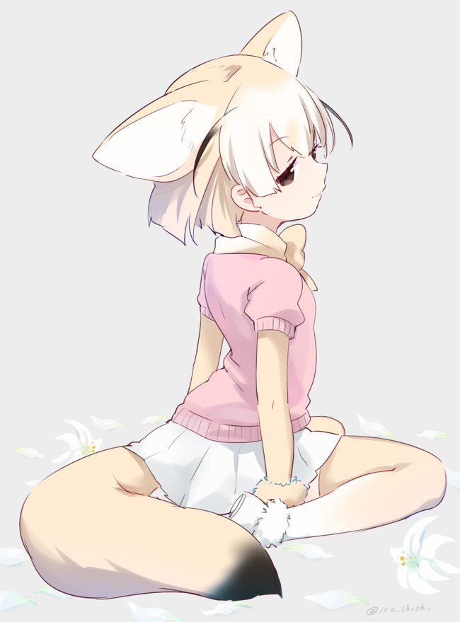 1girl animal_ears blonde_hair brown_eyes brown_hair commentary eyebrows_visible_through_hair eyelashes fennec_(kemono_friends) flower fox_ears fox_tail from_behind from_side full_body fur_trim gradient_legwear grey_background ica jitome kemono_friends lily_(flower) loafers looking_at_viewer looking_back multicolored multicolored_clothes multicolored_hair multicolored_legwear neck_ribbon petals pink_shirt pleated_skirt profile puffy_short_sleeves puffy_sleeves ribbon shirt shoe_soles shoes short_hair short_sleeves simple_background sitting skirt solo tail thigh-highs twitter_username two-tone_legwear wariza white_flower white_footwear white_hair white_legwear white_shoes white_skirt yellow_legwear yellow_ribbon zettai_ryouiki