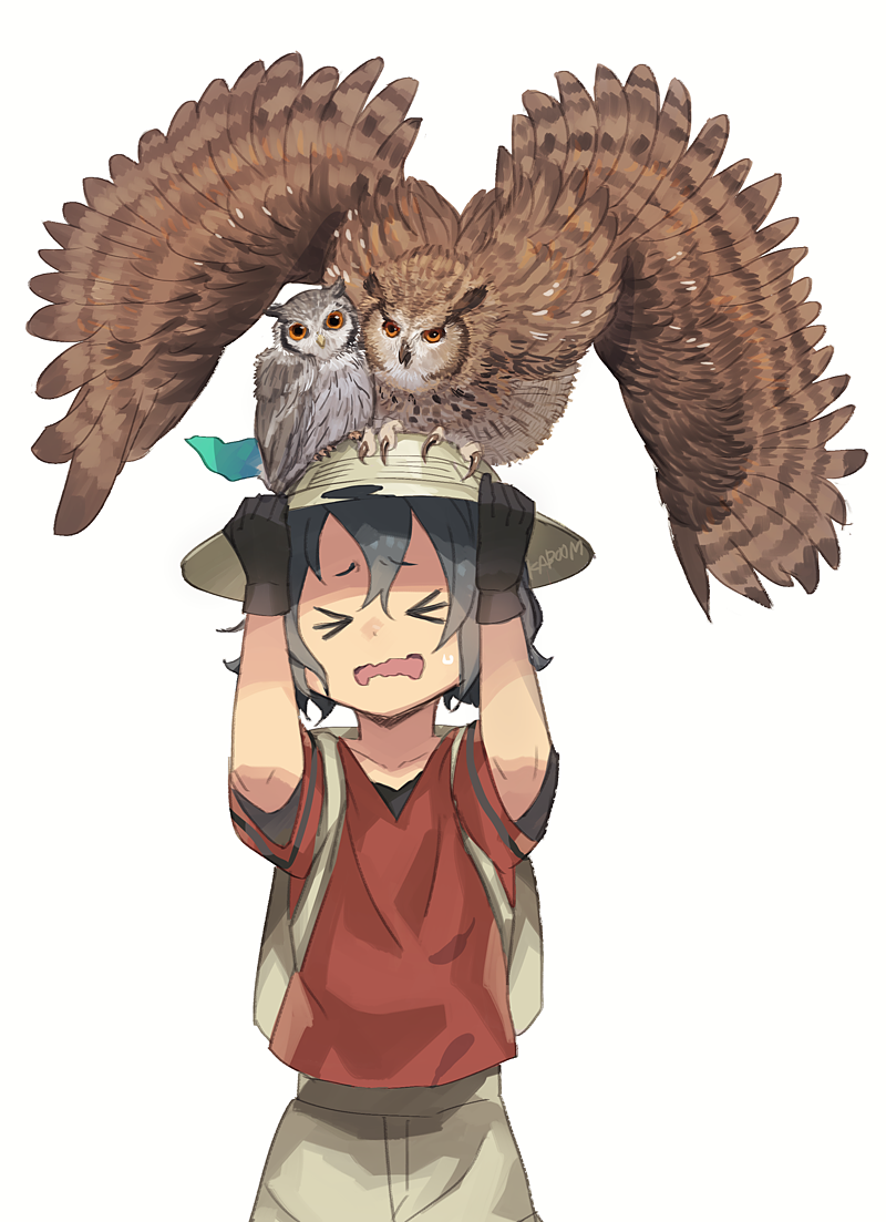 &gt;_&lt; 1girl animal animal_on_head backpack bag bird bird_on_head black_gloves black_hair bucket_hat closed_eyes gloves hat hat_feather kab00m_chuck kaban_(kemono_friends) kemono_friends on_head open_mouth owl red_shirt shirt short_hair shorts wavy_hair