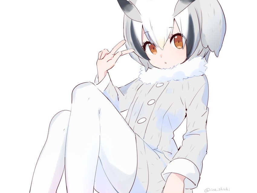 1girl :o arm_at_side black_hair blonde_hair brown_eyes buttons coat collar commentary dot_nose expressionless eyebrows eyebrows_visible_through_hair eyelashes fur_collar grey_coat grey_hair hair_between_eyes head_wings ica kemono_friends long_sleeves looking_at_viewer multicolored_hair northern_white-faced_owl_(kemono_friends) open_mouth pantyhose short_hair simple_background sitting solo twitter_username v white_background white_hair white_legwear wings