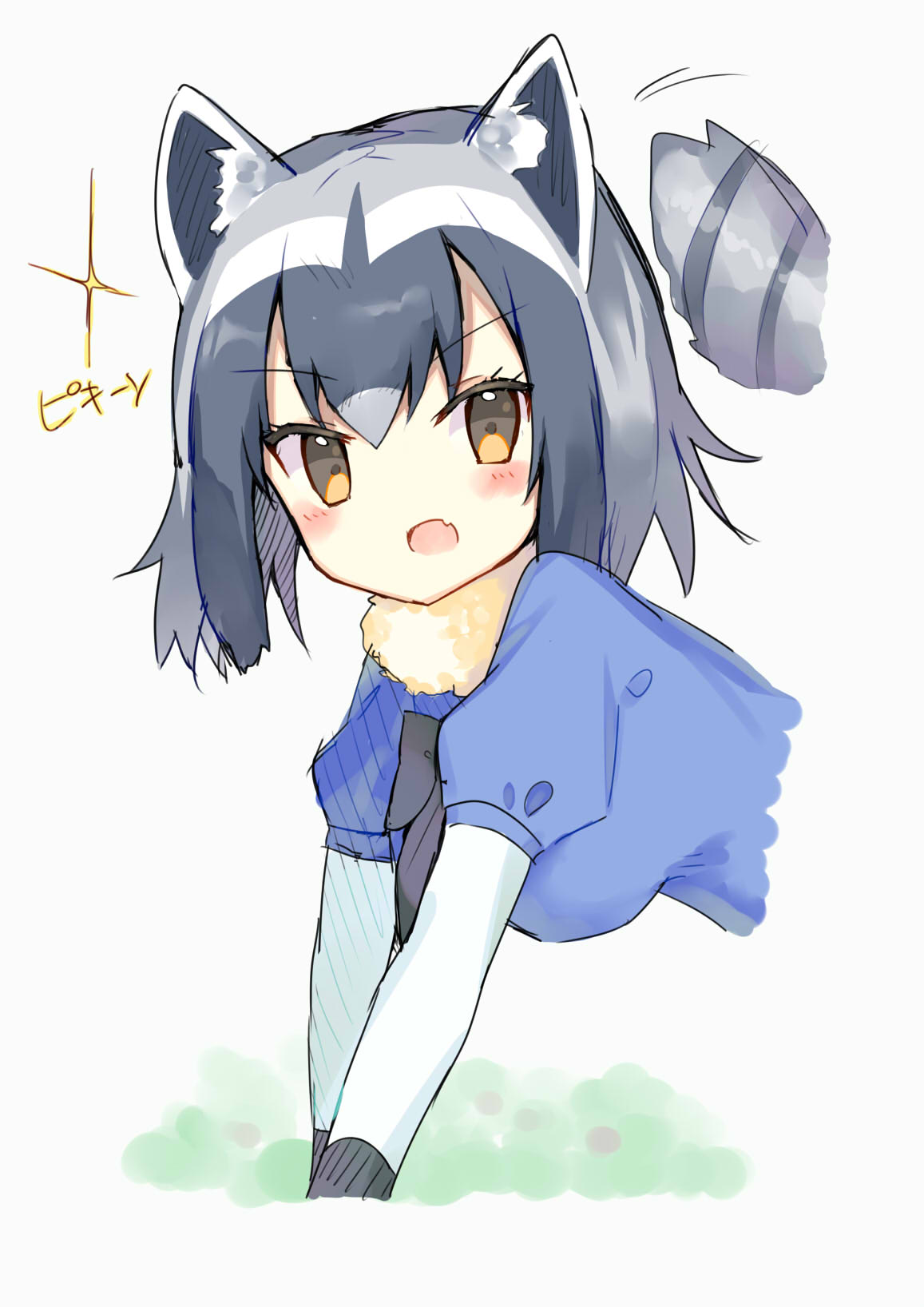 &gt;:o 1girl :o animal_ears black_gloves black_hair black_ribbon blue_shirt blush brown_eyes collar cropped_torso eyebrows_visible_through_hair eyelashes fang from_side fur_collar gloves grey_background grey_hair highres kanase_(mcbrwn18) kemono_friends looking_at_viewer motion_lines multicolored_hair neck_ribbon no_nose open_mouth outdoors puffy_short_sleeves puffy_sleeves raccoon_(kemono_friends) raccoon_ears raccoon_tail ribbon shirt short_hair short_sleeves solo sparkle striped_tail tail tail_wagging translation_request tsurime white_hair