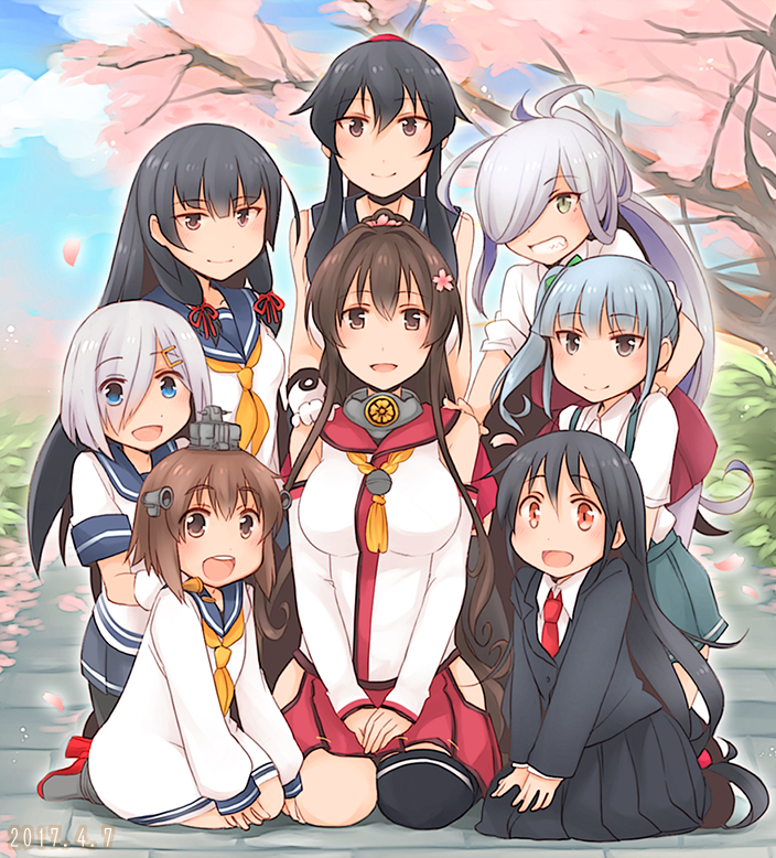 6+girls ahoge arm_warmers asashimo_(kantai_collection) asymmetrical_legwear bangs belt black_hair black_legwear black_ribbon blue_eyes blunt_bangs blurry breasts brown_eyes brown_hair cherry_blossoms depth_of_field detached_sleeves dress eyes_visible_through_hair flower gloves grey_eyes grin hair_between_eyes hair_flower hair_ornament hair_over_one_eye hair_ribbon hairclip hamakaze_(kantai_collection) hand_on_another's_shoulder hatsushimo_(kantai_collection) headband headgear headset high_heels hip_vent isokaze_(kantai_collection) jacket kantai_collection kasumi_(kantai_collection) large_breasts leaning_forward long_hair long_sleeves looking_at_viewer low-tied_long_hair miniskirt multiple_girls neck_ribbon neckerchief necktie open_mouth outdoors pantyhose pleated_skirt ponytail purple_hair red_eyes red_ribbon red_skirt ribbon rudder_shoes sailor_collar sailor_dress school_uniform scrunchie seiza serafuku sharp_teeth shirt short_dress short_hair short_sleeves side_ponytail sidelocks silver_hair single_thighhigh sitting skirt sleeveless sleeveless_dress sleeveless_shirt smile speaking_tube_headset suna_kiririto suspenders teeth thigh-highs tree tress_ribbon very_long_hair white_gloves white_shirt yahagi_(kantai_collection) yamato_(kantai_collection) yellow_eyes yukikaze_(kantai_collection)