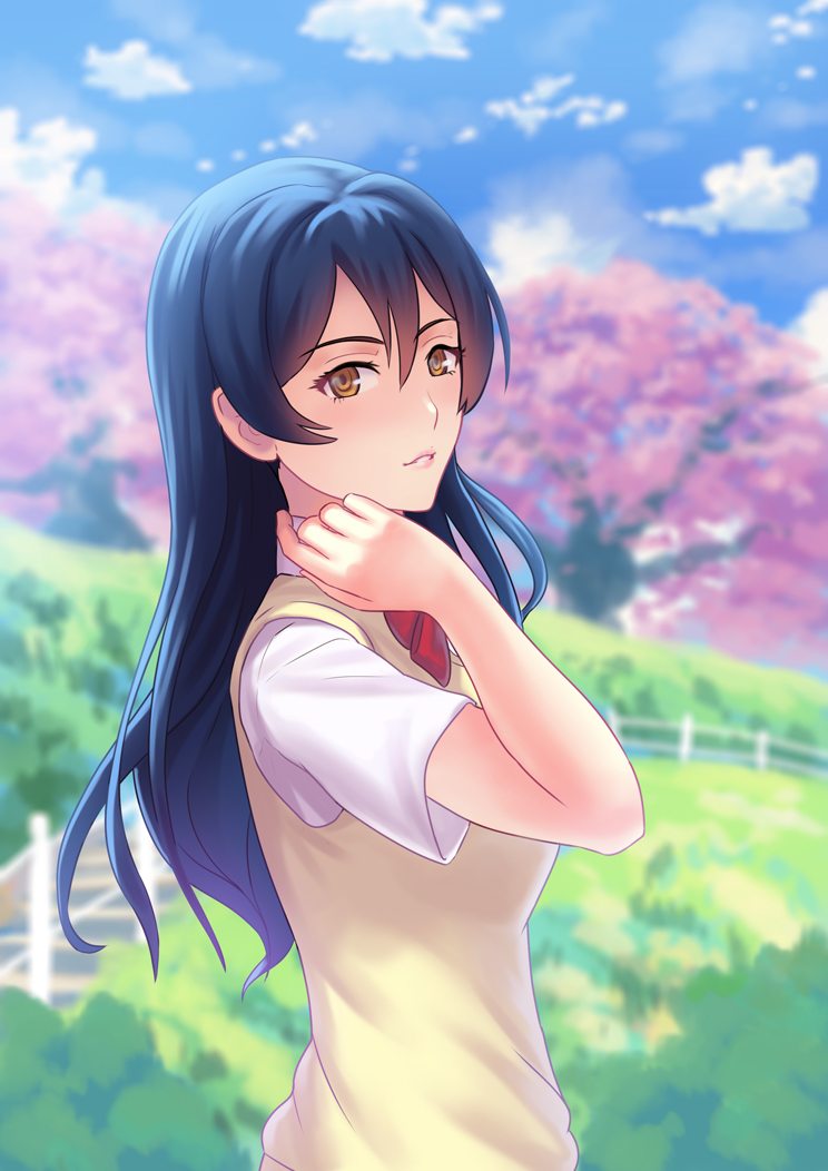1girl blue_eyes blue_skirt blush brown_eyes cherry_blossoms clouds fateline_alpha long_hair looking_at_viewer love_live! love_live!_school_idol_project neck_ribbon red_ribbon ribbon skirt smile sonoda_umi upper_body vest