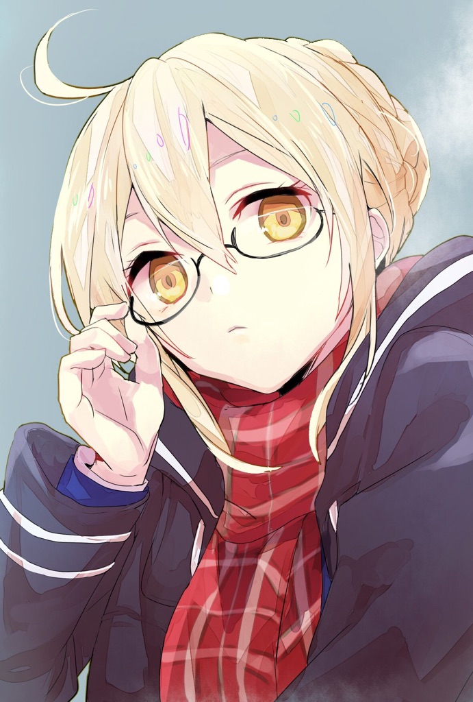 1girl adjusting_glasses ahoge black-framed_eyewear blonde_hair braid closed_mouth coat duffel_coat expressionless fate/grand_order fate_(series) french_braid glasses grey_background hair_between_eyes hand_up heroine_x heroine_x_(alter) looking_at_viewer open_clothes open_coat plaid plaid_scarf red_scarf saber scarf semi-rimless_glasses short_hair_with_long_locks sidelocks simple_background solo tomozero under-rim_glasses upper_body yellow_eyes