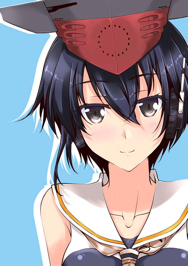 1girl asymmetrical_hair black_hair blue_background brown_eyes close-up collarbone framed_breasts hair_between_eyes hat i-14_(kantai_collection) kantai_collection looking_at_viewer mikage_takashi sailor_collar short_hair simple_background smile solo upper_body