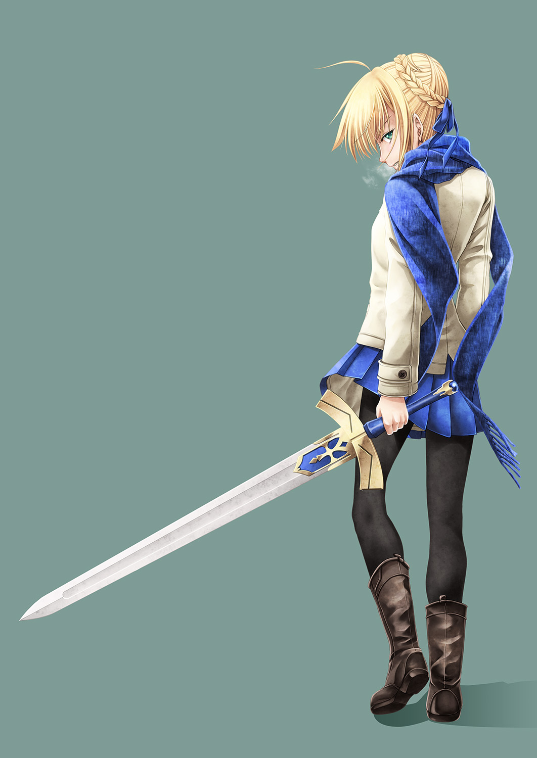 1girl ahoge alternate_costume black_legwear blonde_hair blue_scarf blue_skirt boots breath brown_boots cosplay costume_switch fate_(series) green_background highres leather leather_boots looking_at_viewer pantyhose saber scarf skirt solo sword uraomote weapon