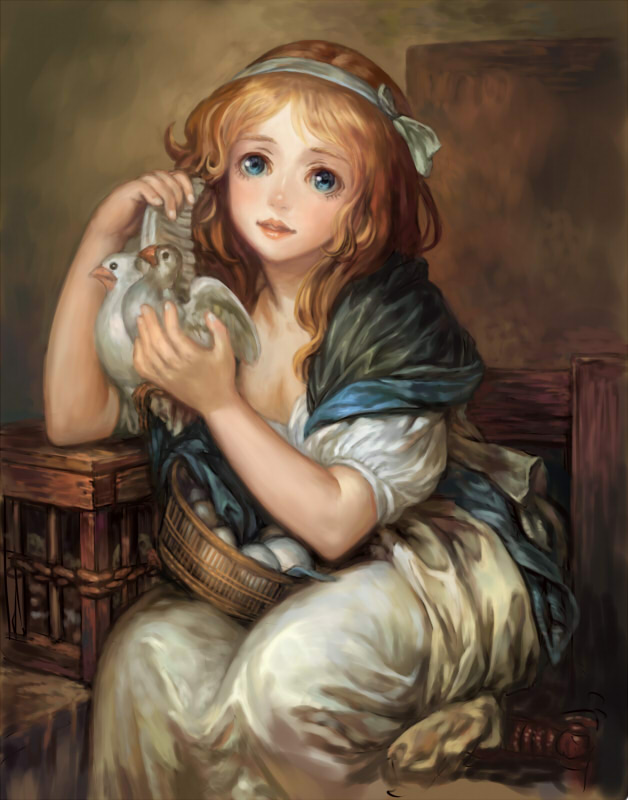 1girl arm_support basket bird blue_eyes cage chair commentary docoi dove egg faux_traditional_media fine_art_parody jean-baptiste_greuze leaning_forward light_brown_hair lips looking_at_viewer original parody sitting smile solo