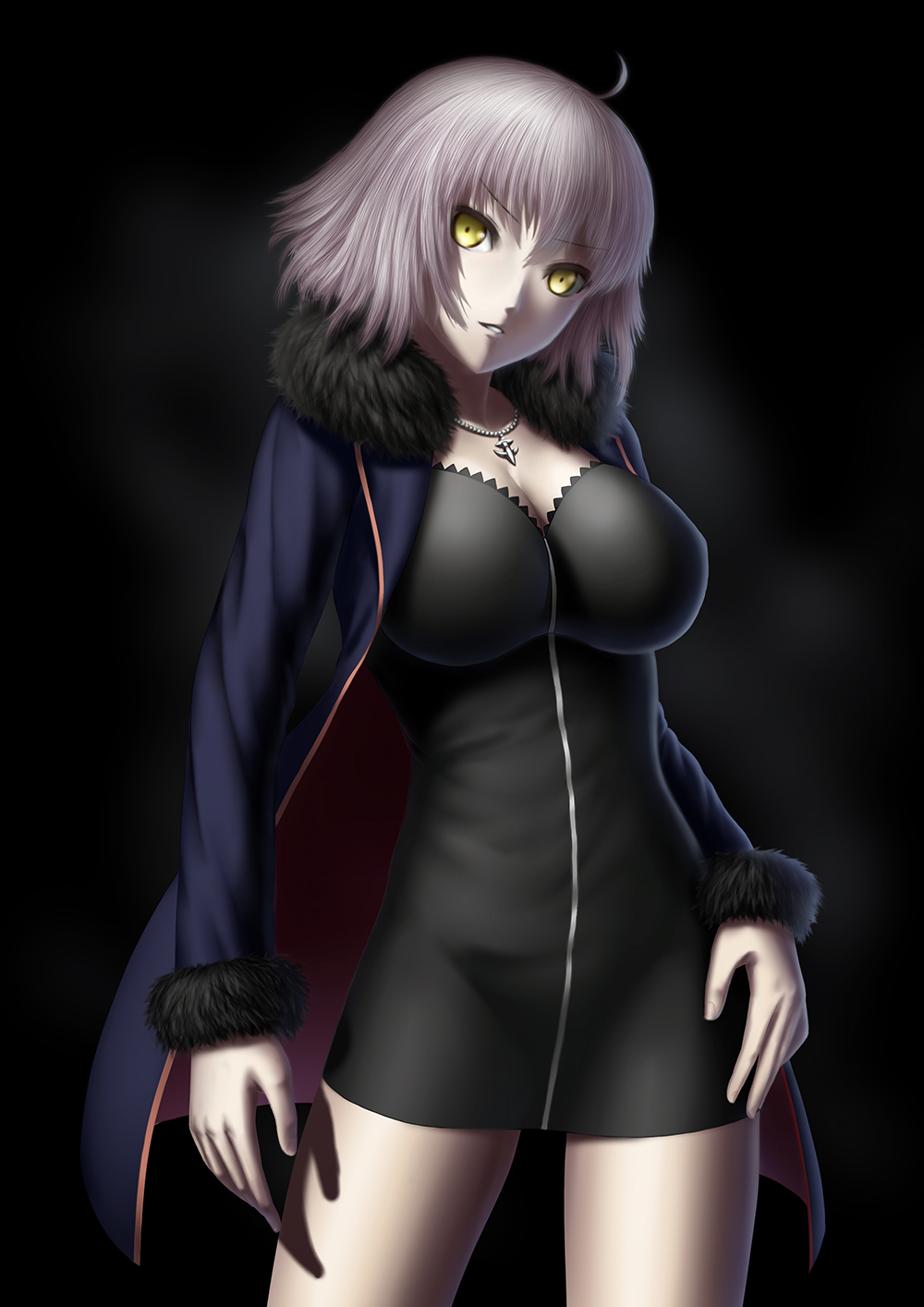 1girl blonde_hair breasts cowboy_shot fate/grand_order fate_(series) fur_trim highres jacket jeanne_alter jewelry looking_at_viewer masatoki necklace parted_lips ruler_(fate/apocrypha) short_hair solo yellow_eyes