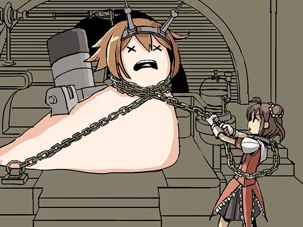 adrian_ferrer antenna_hair brown_hair chains collar commentary double_bun gloves headgear kantai_collection mutsu_(kantai_collection) mutsu_(snail) naka_(kantai_collection) open_mouth parody pleated_skirt pulling skirt star_wars strangling white_gloves x_x