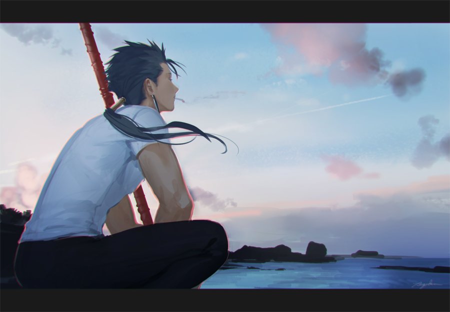 1boy alternate_costume blue_hair cigarette commentary_request earrings fate/stay_night fate_(series) from_behind from_side gae_bolg jewelry lancer male_focus ocean polearm ponytail scenery shirt sitting sky solo spear suda_ayaka t-shirt weapon wind