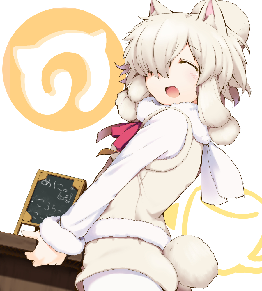 1girl ^_^ alpaca_ears alpaca_suri alpaca_tail animal_ears balcony bangs beige_shorts beige_vest blonde_hair blush chalkboard closed_eyes collar cowboy_shot cup eyelashes facing_viewer fingernails from_behind fur-trimmed_sleeves fur-trimmed_vest fur_collar fur_trim gradient_ribbon hair_bun hair_over_one_eye hair_ribbon indoors japari_symbol kemono_friends long_sleeves multicolored multicolored_ribbon neck_ribbon nejime open_mouth orange_ribbon pantyhose partially_translated pink_ribbon ribbon shiny shiny_skin shirt short_hair shorts sidelocks smile solo swept_bangs tail teacup translation_request tress_ribbon vest white_background white_legwear white_shirt |d