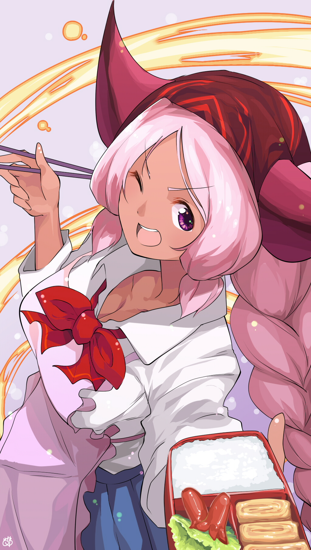 1girl ;d apron bandanna braid breasts chopsticks cleavage dark_skin food from_above gochiwa hathor_(p&amp;d) highres horns large_breasts long_hair looking_at_viewer lunchbox neckerchief obentou omelet one_eye_closed open_mouth pink_hair pleated_skirt purple_skin puzzle_&amp;_dragons rice school_uniform skirt smile solo tako-san_wiener tamagoyaki twin_braids very_long_hair violet_eyes
