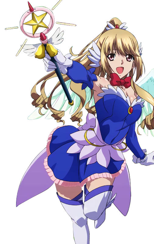 1girl :d aiba_asagi armpits blonde_hair blue_dress boots bow bowtie breasts brown_eyes cleavage detached_sleeves dress gloves hair_ornament high_ponytail holding long_hair magical_girl medium_breasts open_mouth red_bow shiny shiny_skin short_dress smile solo standing strapless strapless_dress strike_the_blood thigh-highs thigh_boots transparent_background very_long_hair white_boots white_gloves