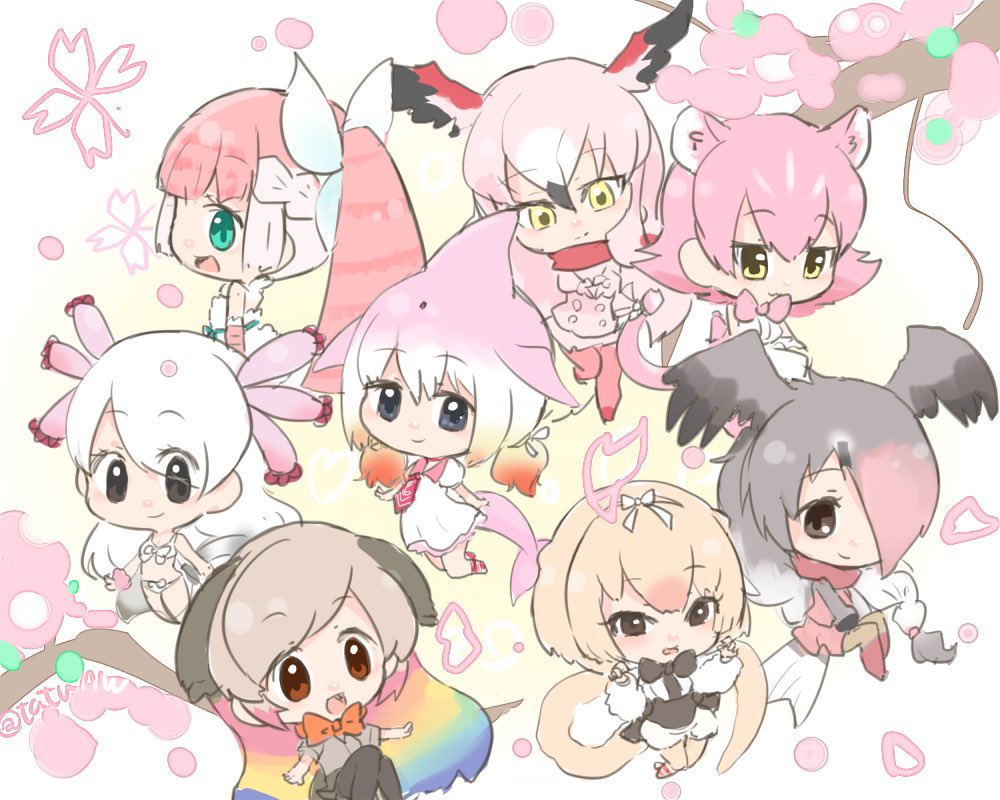 6+girls :3 animal_ears anteater_ears anteater_tail apron arms_at_sides axolotl_(kemono_friends) bangs bare_shoulders belt bird_tail bird_wings black_eyes black_hair black_legwear blonde_hair blue_hair blunt_bangs bow bowtie braid brown_bow brown_bowtie brown_eyes brown_legwear brown_shirt brown_skirt buttons cherry_blossoms chibi chinese_white_dolphin_(kemono_friends) claw_pose collar color_connection commentary_request darwin's_finch_(kemono_friends) dolphin_tail dress eyebrows_visible_through_hair eyelashes fairy_wings fins flower french_braid frilled_apron frills from_behind from_side full_body fur_collar gloves gradient_hair greater_flamingo_(kemono_friends) green_belt green_eyes green_hair grey_hair hair_between_eyes hair_ornament hair_over_one_eye hairband hands_up head_wings heart heart_hands high_ponytail jacket jitome jumping kemono_friends knees_together_feet_apart leg_lift light_brown_hair long_hair long_sleeves looking_at_viewer looking_back low_twintails midriff multicolored multicolored_clothes multicolored_hair multicolored_legwear multiple_girls necktie orange_hair outdoors outstretched_arms panther_ears pantyhose peach_panther_(kemono_friends) petals pink pink-backed_pelican_(kemono_friends) pink_bow pink_bowtie pink_fairy_armadillo_(kemono_friends) pink_gloves pink_hair pink_jacket pink_legwear pink_skirt ponytail puffy_short_sleeves puffy_sleeves rainbow_hair raised_eyebrows red_bow red_bowtie red_legwear red_scarf redhead ribbon sailor_collar sailor_dress salamander_tail scarf shirt short_hair short_sleeves shorts silky_anteater_(kemono_friends) sketch skirt sleeveless sleeveless_shirt standing standing_on_one_leg strapless strapless_dress swept_bangs tail tareme tatu_nw tree tsurime twintails twitter_username two-tone_hair very_long_hair white_apron white_background white_bow white_dress white_hair white_hairband white_ribbon white_shirt white_shorts wing_collar wings yellow_eyes