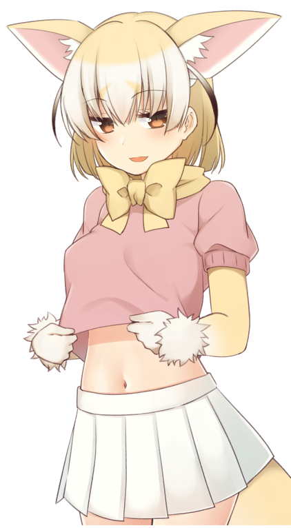 1girl :3 animal_ears blonde_hair breasts brown_eyes brown_hair cowboy_shot dot_nose eyebrows_visible_through_hair fennec_(kemono_friends) fox_ears fox_tail fur_trim gloves hair_between_eyes jitome kemono_friends lifted_by_self looking_at_viewer medium_breasts midriff_peek multicolored_hair nagami_yuu navel neck_ribbon open_mouth pink_shirt pleated_skirt puffy_short_sleeves puffy_sleeves ribbon shirt shirt_lift short_hair short_sleeves simple_background skirt smile solo tail white_background white_hair white_skirt yellow_ribbon