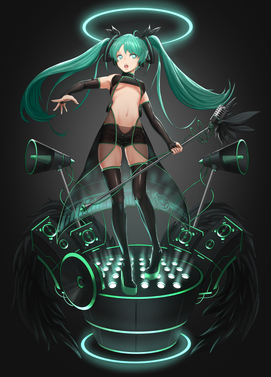 1girl banajune black_boots black_legwear boots bridal_gauntlets green_eyes green_hair halo hatsune_miku highres long_hair microphone microphone_stand navel open_mouth pigeon-toed platform_boots platform_footwear revision see-through short_shorts shorts solo speaker thigh-highs thigh_boots twintails very_long_hair vocaloid
