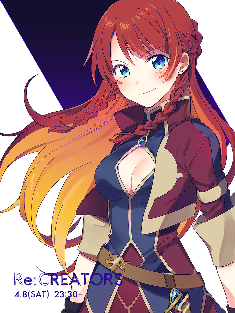 &gt;:) 1girl arms_at_sides bangs belt black_gloves blue_eyes blush braid breasts brooch cleavage cleavage_cutout closed_mouth commentary_request cropped_jacket earrings french_braid fuji_fujino gem gloves gradient_hair highres jacket jewelry long_hair long_sleeves looking_at_viewer medium_breasts multicolored_hair orange_hair re:creators red_jacket redhead selesia_upitiria sleeves_folded_up smile solo stud_earrings swept_bangs twin_braids two-tone_background upper_body