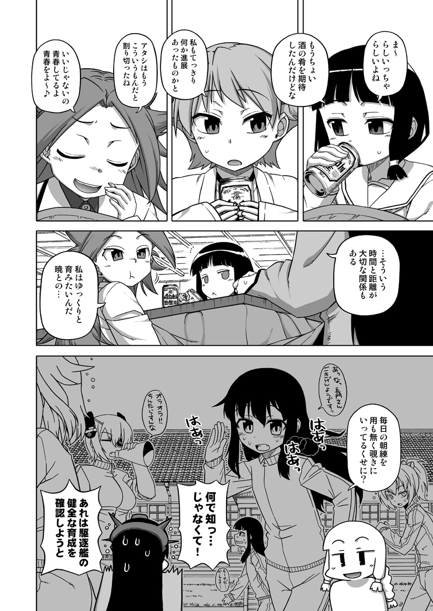 akatsuki_(kantai_collection) blush comic hatsuyuki_(kantai_collection) headgear hiei_(kantai_collection) highres jun'you_(kantai_collection) kantai_collection kitakami_(kantai_collection) monochrome nagato_(kantai_collection) takatsu_keita tenryuu_(kantai_collection) track_suit translation_request yuubari_(kantai_collection)