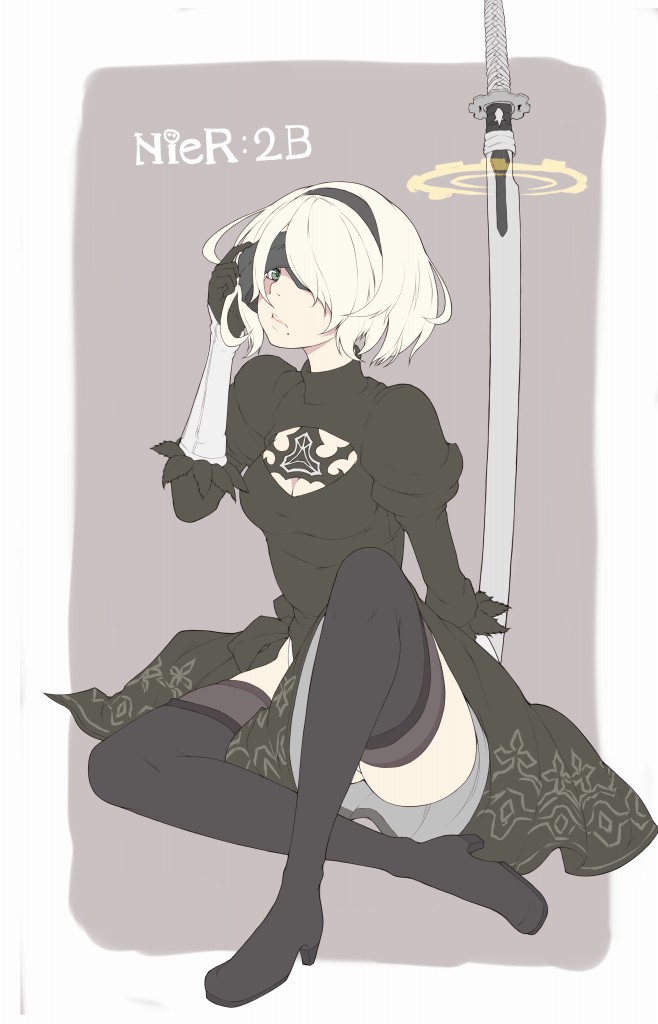 1girl black_boots black_dress black_hairband blindfold blindfold_removed boots cleavage_cutout dress feather-trimmed_sleeves hairband high_heel_boots high_heels ina_(gokihoihoi) juliet_sleeves long_sleeves mole mole_under_mouth nier_(series) nier_automata puffy_sleeves ribbed_dress simple_background sitting sword thigh-highs vambraces weapon white_hair yorha_no._2_type_b zettai_ryouiki