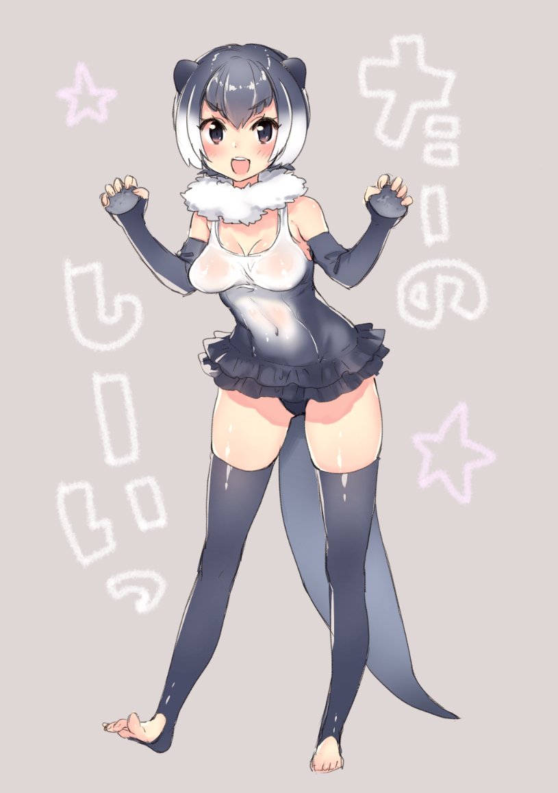 1girl :d black_eyes blush breasts cleavage covered_navel elbow_gloves feet fingerless_gloves frilled_skirt frills full_body gloves gradient_hair grey_background grey_hair kemono_friends looking_at_viewer medium_breasts miniskirt multicolored_hair open_mouth otter_ears shirisensha simple_background skirt small-clawed_otter_(kemono_friends) smile solo standing swimsuit tail text thigh-highs