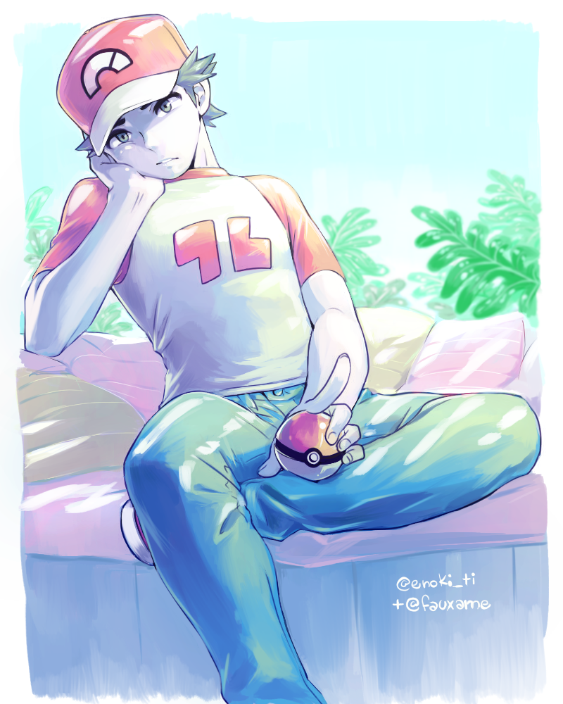 1boy baseball_cap collaboration colored denim hat jeans leaf legs_crossed male_focus pants parted_lips poke_ball pokemon pokemon_(game) pokemon_sm pumpkinpan raglan_sleeves raw_gummy red_(pokemon) red_(pokemon)_(sm) sexually_suggestive shirt sitting t-shirt twitter_username