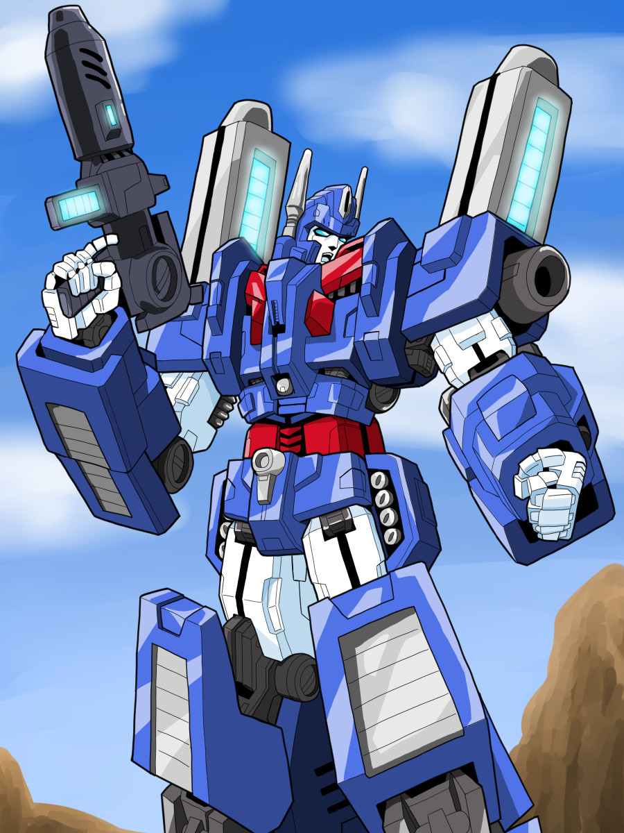 1boy 80s armor artist_request autobot blue blue_eyes blue_sky clouds day full_body glowing glowing_weapon gun highres holding holding_gun holding_weapon machine machinery mecha no_humans oldschool outdoors robot rock sky solo standing transformers ultra_magnus weapon